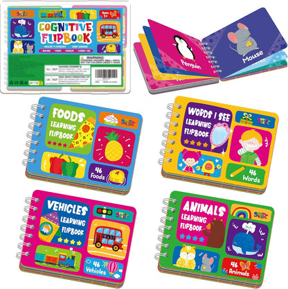 4 Preschool Learning Flipbooks, 96PCS Double Sided Printed Cards Set, Alphabet Letter A-Z, Number 1-20, Feelings and Emotions, Shapes and Colors Mini Board Books Set Early Educational Tool for Kids