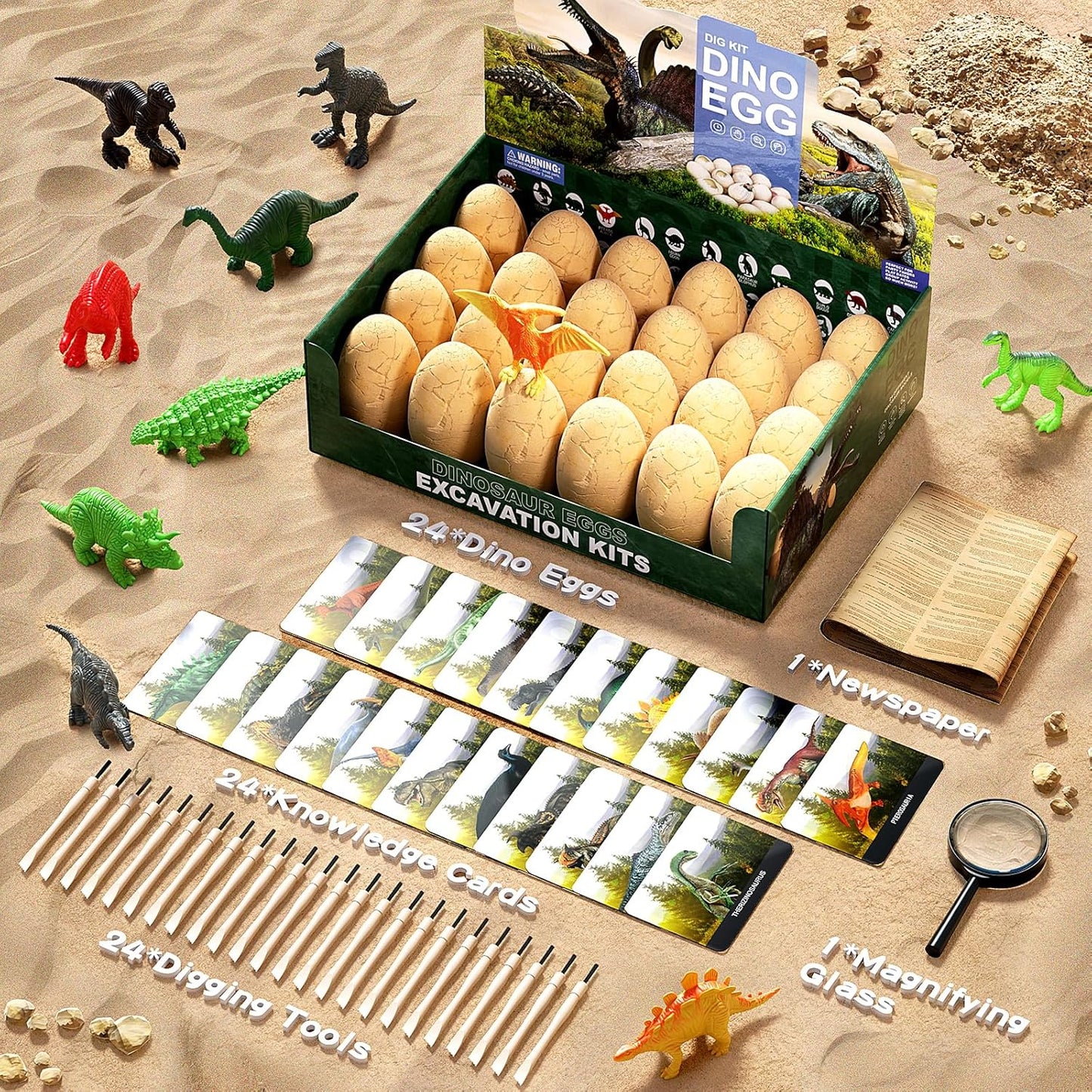 24 Dinosaur Eggs Dig Kit Toys for Kids, Dinosaur Eggs Excavation Kit with Magnifier, Easter Basket Stuffers, Science STEM Birthday Party Favors Gifts for Boys Girls Age 3 4 5 6 7 8 9 10 + Years Old