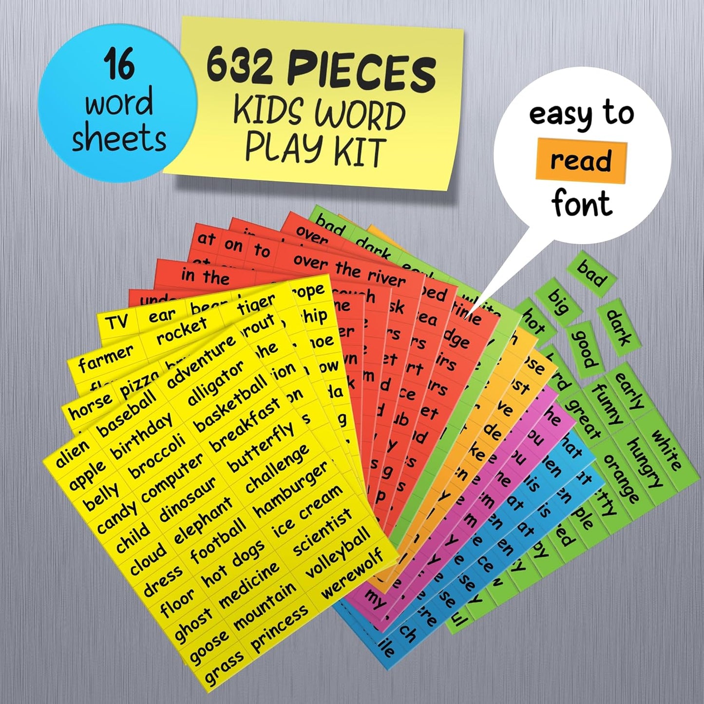 632 Kids Word Play Fridge Magnets – Big .75" Tall Color-Coded Tiles - Practice Reading, Sentence Building, Writing, Poetry, and Creativity with Magnetic Words