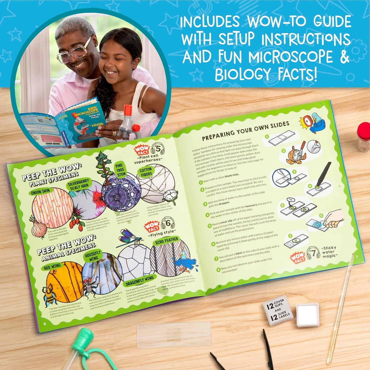 Wow in The World Kids’ Microscope & Biology Kit, Up to 720x Magnification, LED Illumination, Prepared & Blank Slides, Companion Audio Content, Beginner Science Gift for Ages 6+ by Thames & Kosmos
