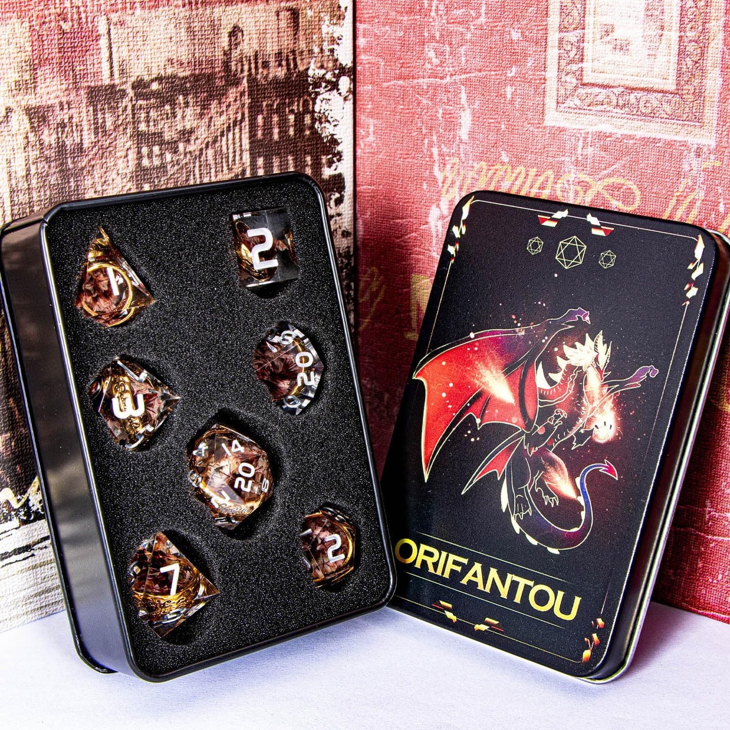 Magic Golden Ring DND Dice Set Sharp Edge Red Resin Dice with Box, for use with Dungeons Dragon RPG D&D Tabletop Games Lord D and D Polyhedral Dice Set