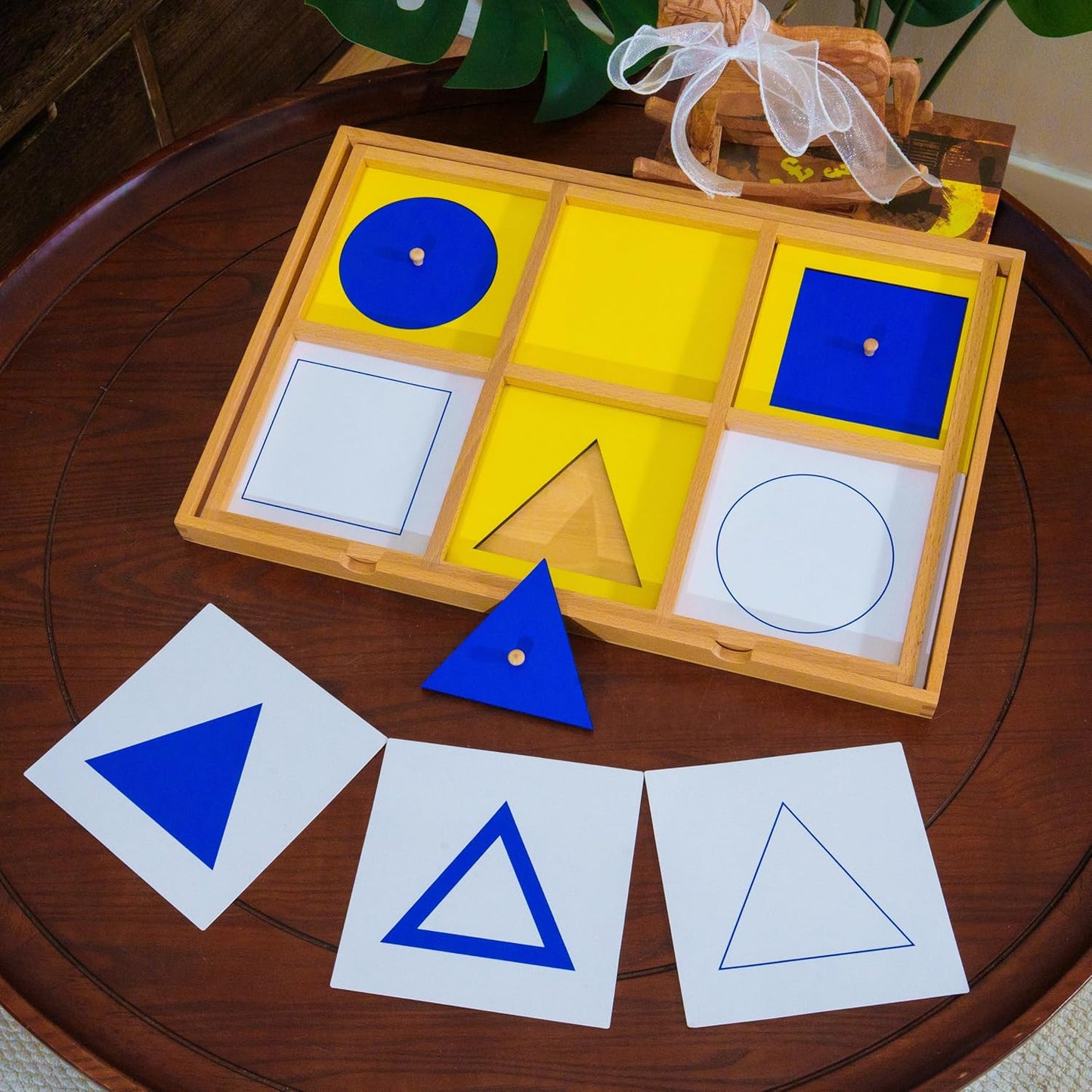 Premium Montessori Large Geometric Demonstration Tray 17.7in, Beechwood Sensorial Materials for Kids, Wooden Geometry Puzzle with 6 Shapes, Preschool Homeschool Learning Toys Toddlers Shape Sorter