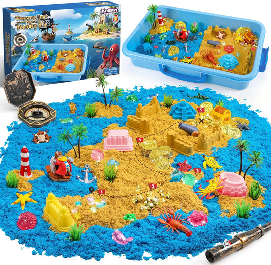 KNASON Pirate Treasure Chest Sensory Bin,Play Sand Kit for Boys with Pirate Accessories,2.2lbs Sand,Glow in The Dark Gems and Map,Pretend Play Adventure Sensory Toys for Toddlers Kids Ages 3 4 5 6 7 8
