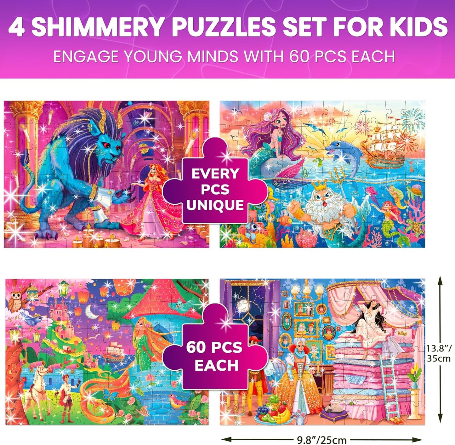 QUOKKA Puzzles for Kids Ages 4-6 - Set of 4x60 Jigsaw Puzzles for Toddlers 3-5 - Unicorn Princess Animals Toys for Children 6-8 yo - Gift Educational Game for Boys & Girls