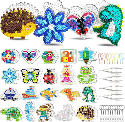 FUNZBO 20 pcs Pegboards for 5mm Fuse Beads Project- Animal Shape Pegboards for Arts and Crafts with Keychains, Hang Ropes and Tweezers, Gifts for Boys and Girls (Beads Not Included)