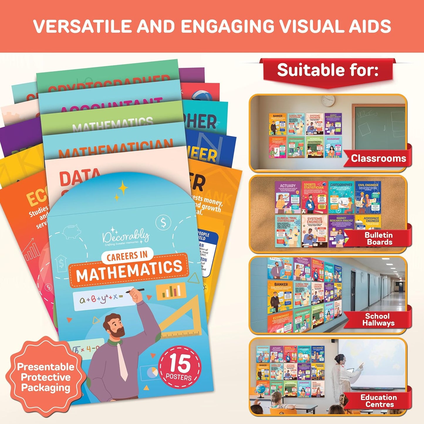 Decorably 15 Math Career Posters for Classroom, 11x14in Educational, Matte-Laminated for High School, Elementary - Hallways, Bulletin Boards, Home Study Room