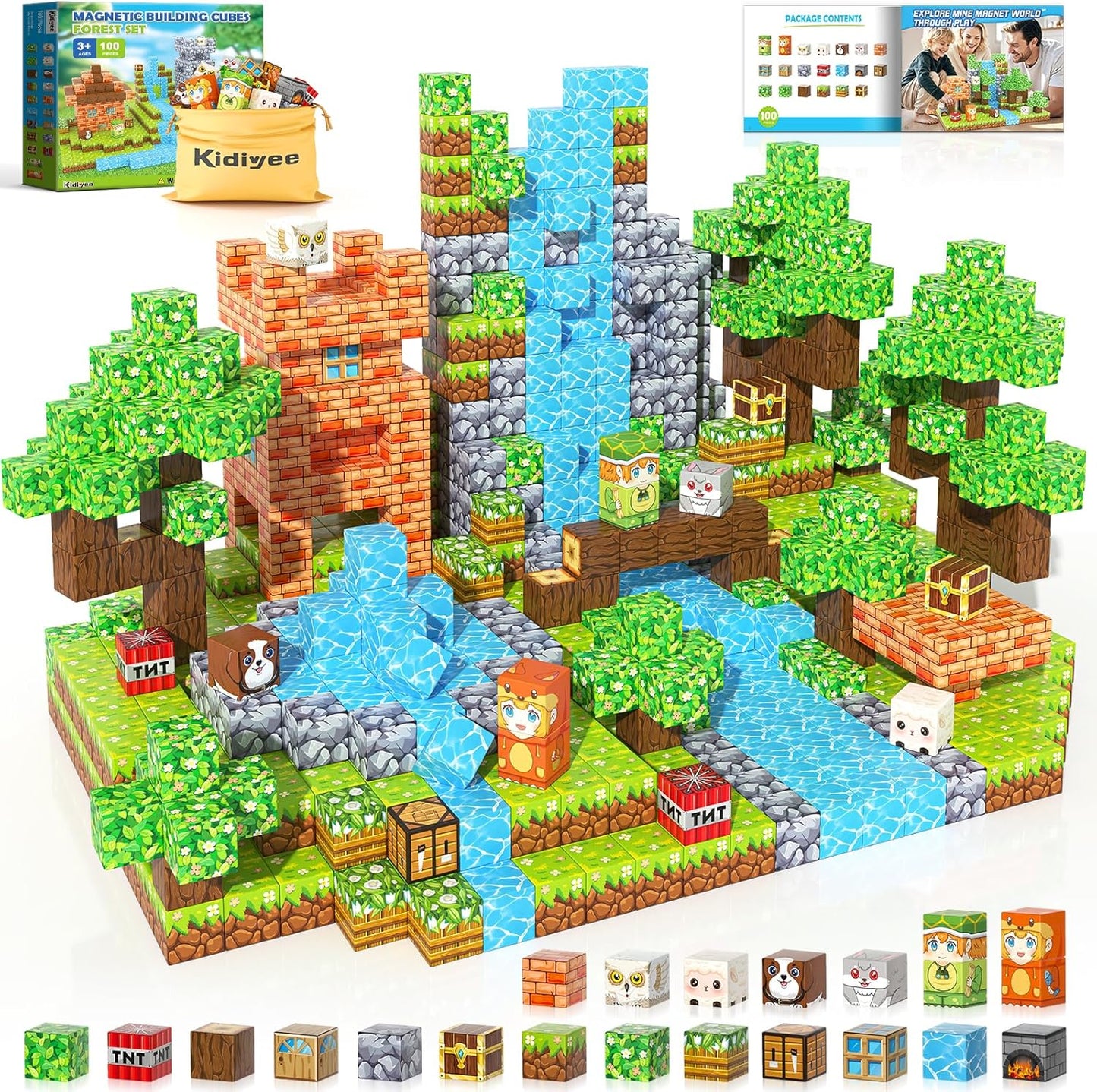 Magnetic Blocks, Build Mine Magnet World Forest Farm Edition, Magnetic Building Blocks for Kids Ages 4-6 6-8 8-12, Sensory STEM Toys for Boys & Girls