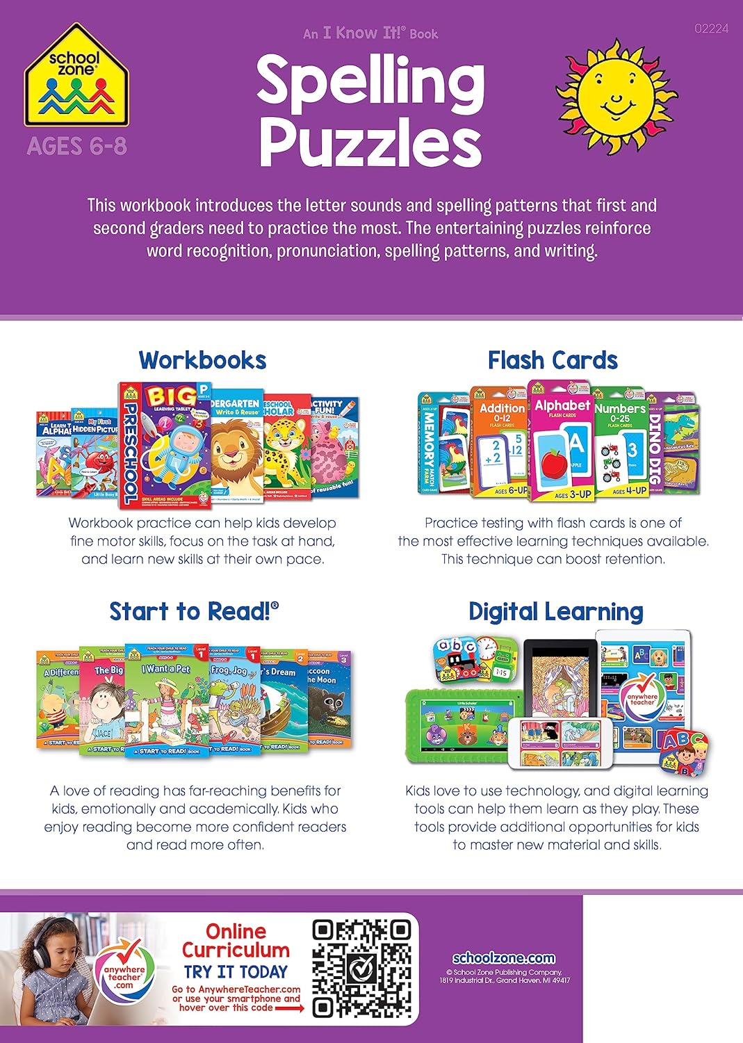 School Zone Spelling Puzzles 1-2 Workbook: 64 Pages, 1st Grade, 2nd Grade, Compound Words, Vowels, Consonants, Pronunciation, Writing, Ages 6 to 8 (I Know It! Book Series)