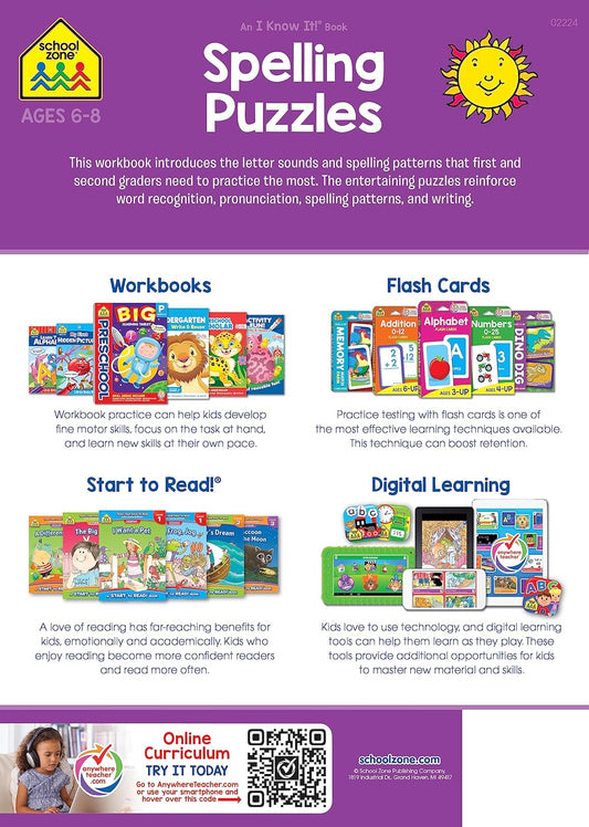 School Zone Spelling Puzzles 1-2 Workbook: 64 Pages, 1st Grade, 2nd Grade, Compound Words, Vowels, Consonants, Pronunciation, Writing, Ages 6 to 8 (I Know It! Book Series)
