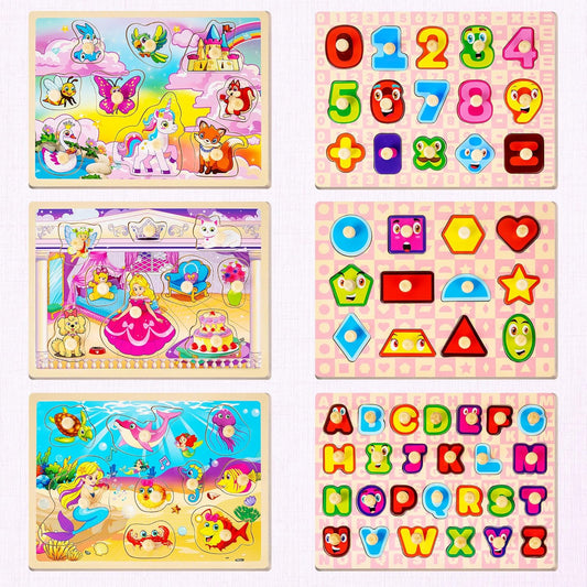 SYNARRY Wooden Puzzles for Toddlers 1-3, 6XSET Toddlers Puzzles Ages 1-3 with Rack, Learning Alphabet Number Shape Unicorn Princess Mermaid Animal, Gifts Toys for Girls Ages 2-4