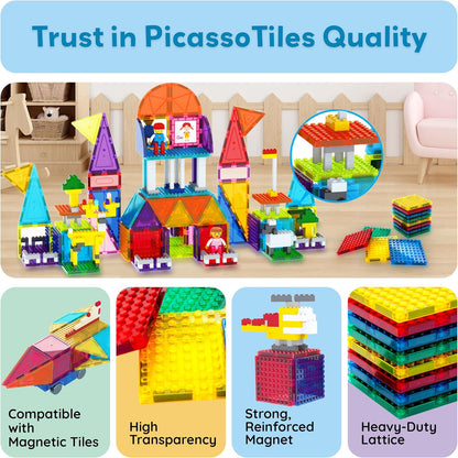 PicassoTiles 333pcs Magnetic Brick Tile and Magnetic Tile Combo Set, Action Figures included, Building Blocks STEM Toys, Educational Montessori Preschool Toddler classroom learning toys, Kids activity