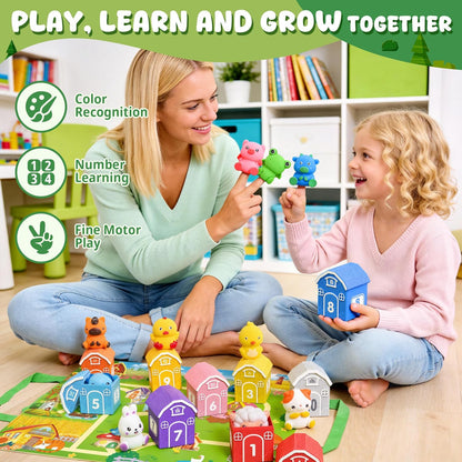 Montessori Toys for Toddlers 1 2 3 Years Old, Farm Animal Train Set with Counting Matching Sorting Activities 9 Barns, 10 Finger Puppets, 2 Stickers-Learning Toys for Baby Boys Girls, Preschool Gift