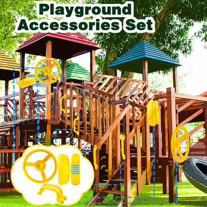 Playground Accessories Swingset Plastic Pirate Ship Steering Wheel Safety Handles Telescope for Kids Outdoor Playground Treehouse Jungle Gym Accessories (4 Pcs- Green,Yellow Set)