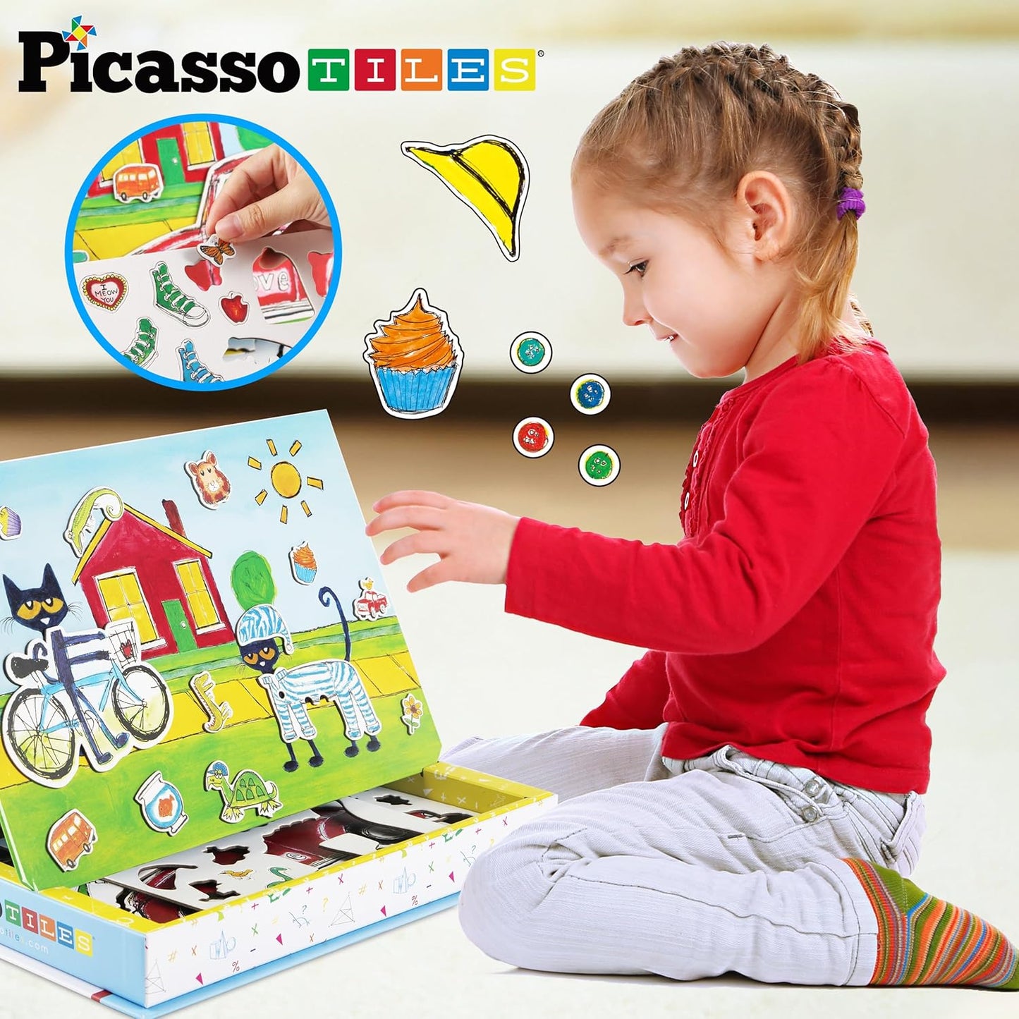 PicassoTiles Magnetic Tiles Pete the Cat Home Theme Building Blocks Double Sided Printing Toddler Magnet Toys Education STEM Learning Kit Construction Brain Development Preschool Kid Game Boy Girl 3+