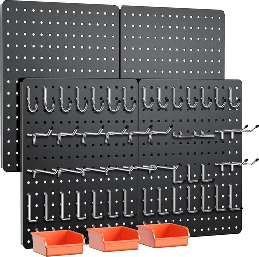 Peg Board, 112PCS Heavy Duty Metal Pegboard with Hooks, 6 Pack Black Peg Board Panels, 60lbs Load Capacity Each, Pegboard Wall Organizer for Garage, Workshop, Kitchen, Craft Rooms