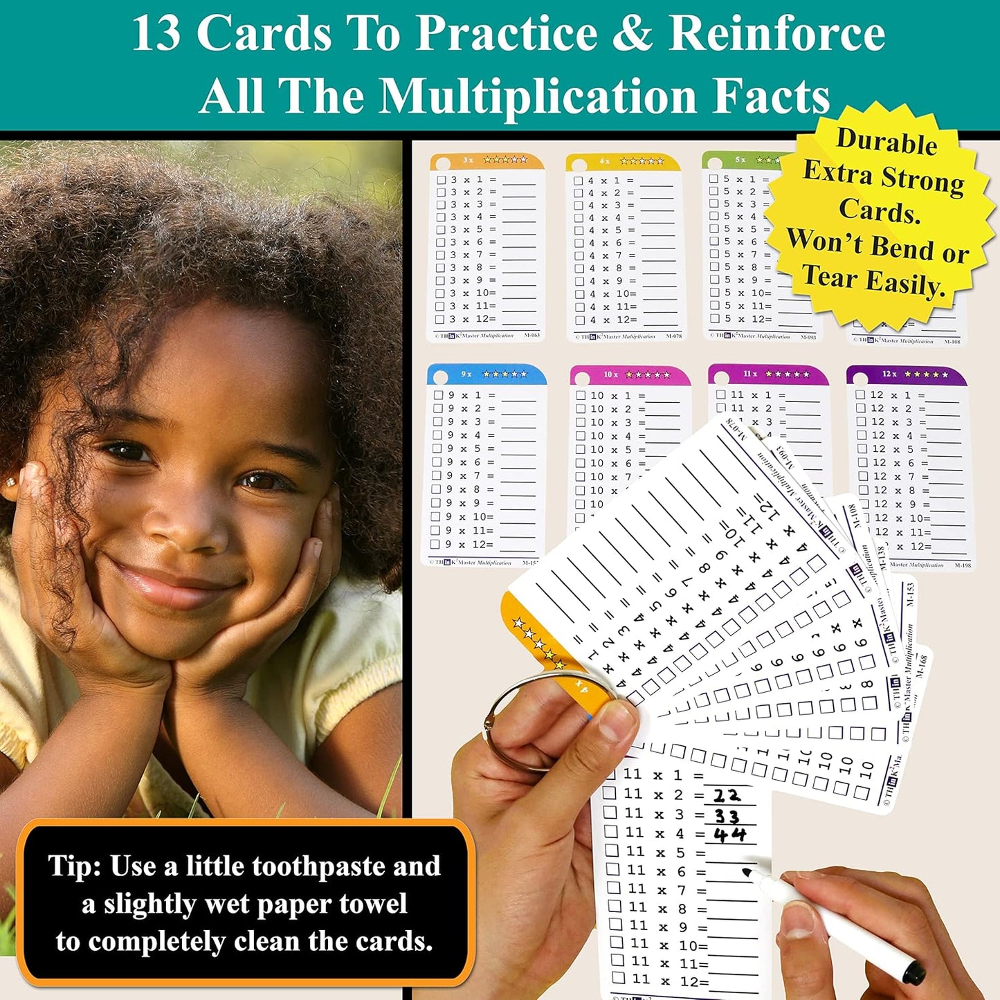 Think2Master Addition Flash Cards. Learn to Add & Subtract by Counting, Writing, Understanding & Memorizing. 260 Laminated Cards, 39 Triangle Cards, 2 Dry Erase Markers, 5 Rings & 30 Counters