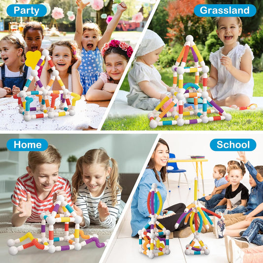 ROUSKY Magnetic Building Blocks Construction Set, 66 Pieces, Educational STEM Toy with Flexible Tubes and Connectors (66PCS)