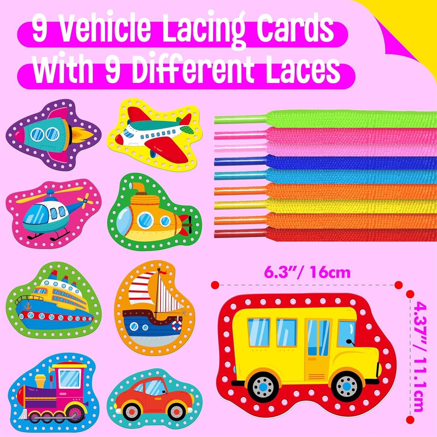 SpriteGru 9 Pieces Kids Lacing Cards, Double Sided Sewing Cards in 9 Vehicle Cards with 9 Colorful Laces, Imagination Development Lacing Toys Games for Children Educational and Learning Activity
