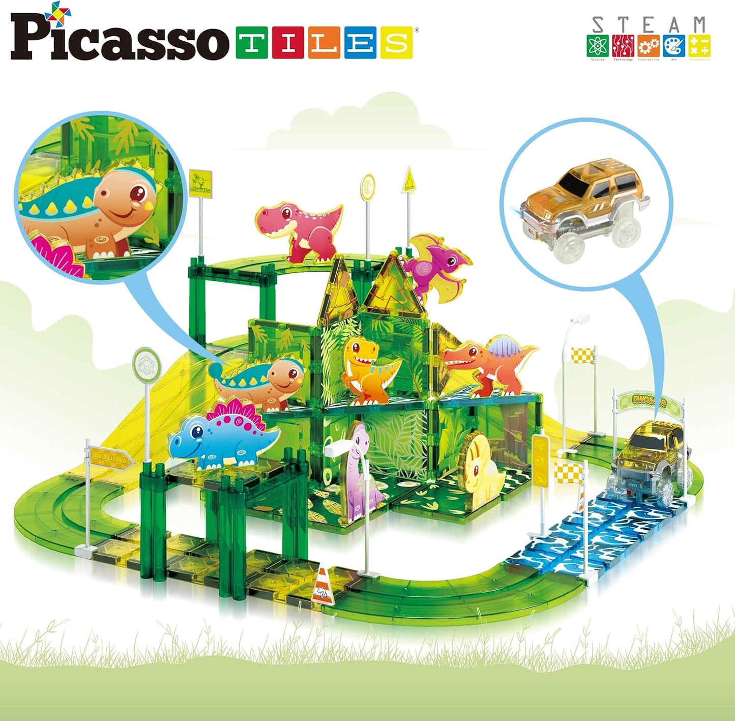 PicassoTiles Magnetic Tiles Race Track Car Thrilling Toy Playset Includes 2 Racing Trucks STEM Educational Magnet Tile Building Block Construction Set for Toddlers Boys Girls Ages 3 and Older PTR30