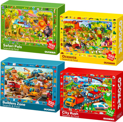 QUOKKA 100 Piece Puzzles for Kids Ages 4-6 - 4 Jigsaw Puzzles for Kids Ages 6-8 - Search and Find Game with Animals, Dinosaurs for Childrens 5-8 - Learning Educational Toys for Boys and Girls 8-11