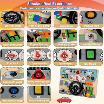 Wooden Montessori Busy Board for Toddlers 4-8 - Wooden Dashboard Steering Wheel Toy， Fine Motor Skill Development Toy for Kids 1-6， Educational Pretend Driving Busy Board for Boys & Girls