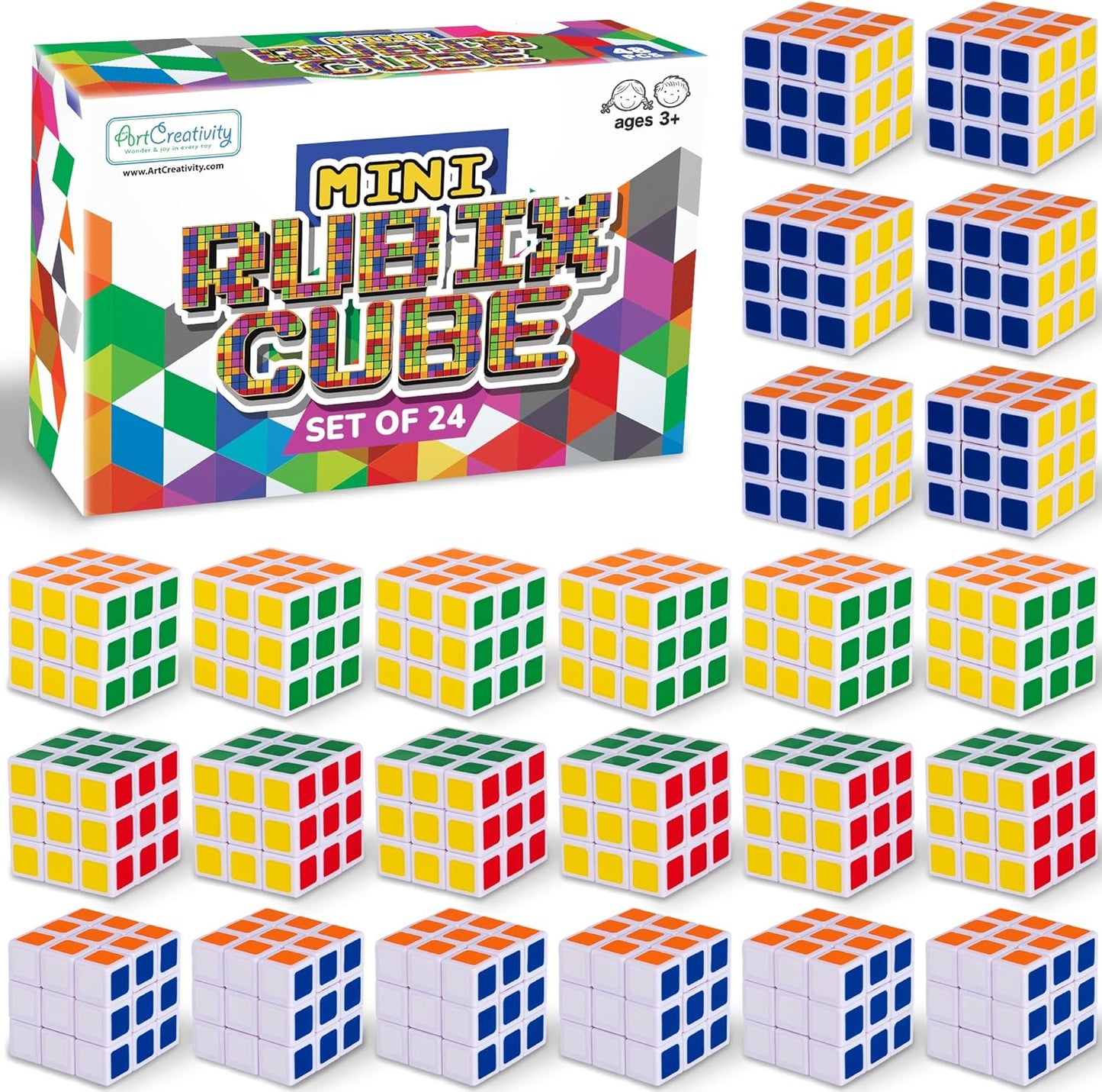 ArtCreativity Mini 3x3 Puzzle Cubes - 24 Pack - Ultra Portable Fidget Cubes for Kids and Adults - 3D Puzzle for Fidgeting, Stress Relief, and Learning - Fidget Party Favors and Goodie Bag Fillers