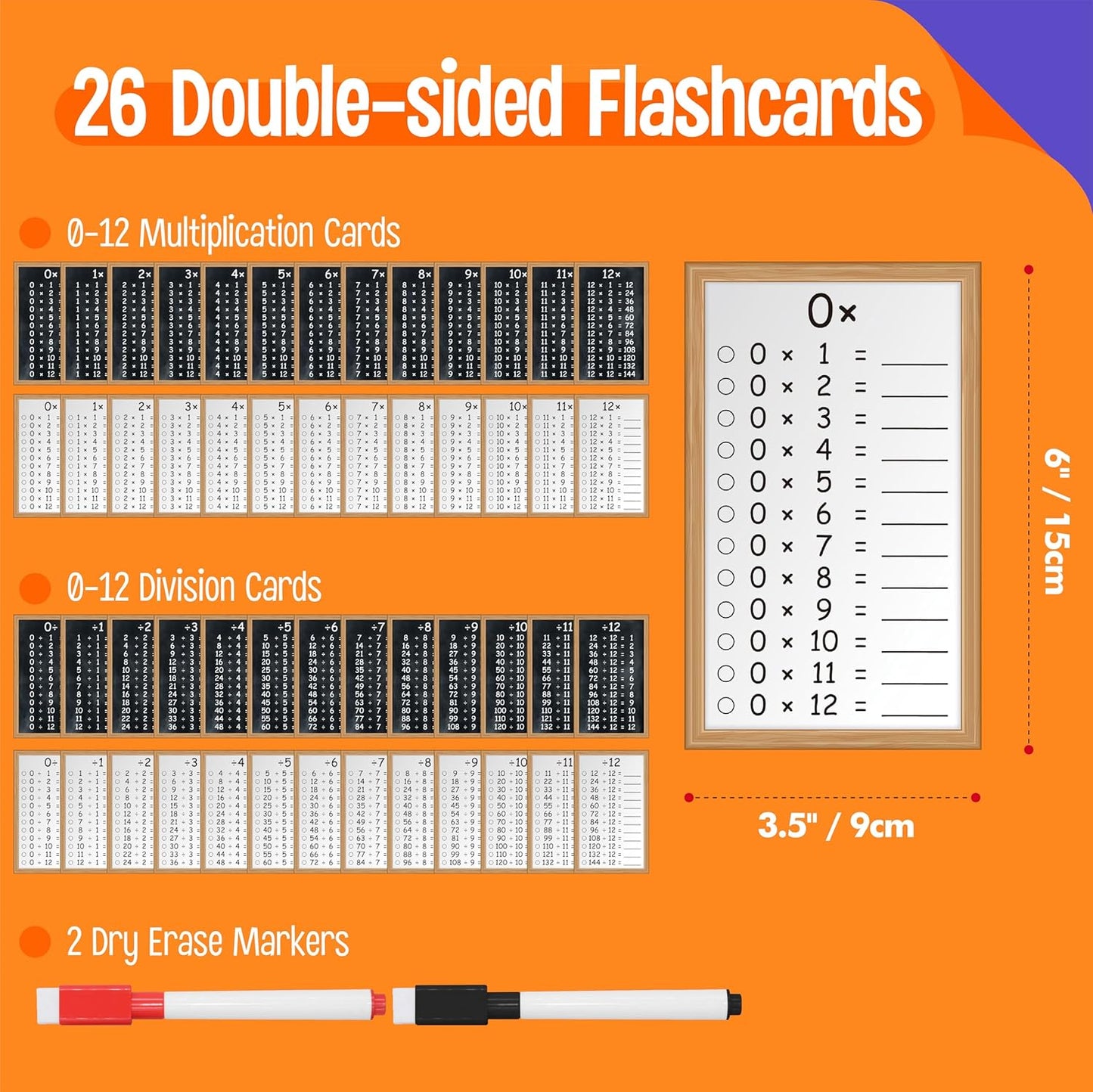 26 PCS Multiplication and Division Flashcards, 0-12 Times Table Math Flash Cards with 2 Dry Erase Markers Learning Tools Educational Table Chart Cards for Students Aged 1-4