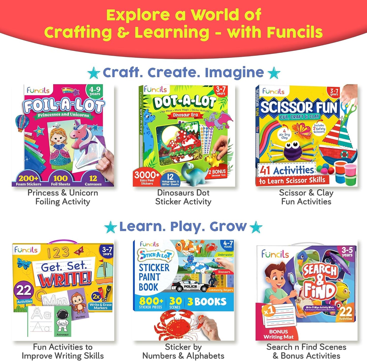 Funcils Toddler Scissor Skills - Art Supplies & Crafts Kit for Kids, Safety Scissors, Fine Motor Toys, Montessori Gifts for Boys & Girls Ages 3, 4, 5, 6, 7 Year Old, Preschool Learning Activity Books