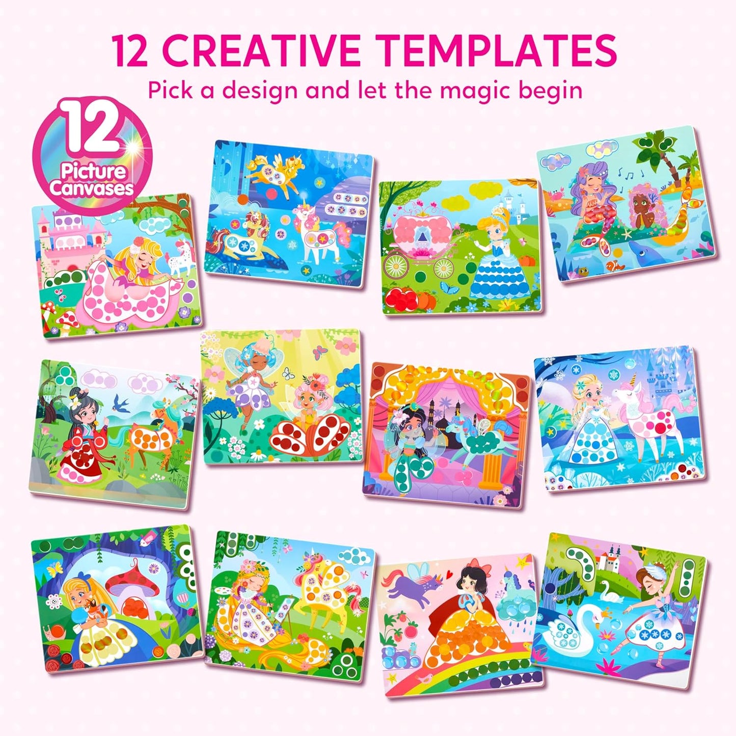 Klever Kits Dot Art Kit for Kids, No Mess Sticker for Toddlers 3-7, Craft Kits, DIY Creative Activity, Travel Toy, Birthday Presents for Boys Girls (Unicorns & Princess)