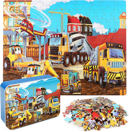 LELEMON 100 Pieces Jigsaw Puzzles in a Metal Box for Kids Age for 4-8 Boys Girls Toy Puzzles Construction Site Vehicles Children Learning Educational Puzzles Toys