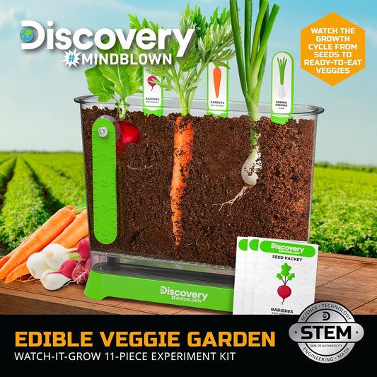 Discovery™ Edible Veggie Garden Watch-It-Grow Kit – DIY STEM Activity for Kids | Grow Carrots, Radishes & Onions| 11-Piece Science Kit with Seeds, Potting Mix & Root Tracker| Learning Toy Gift Ages 6+