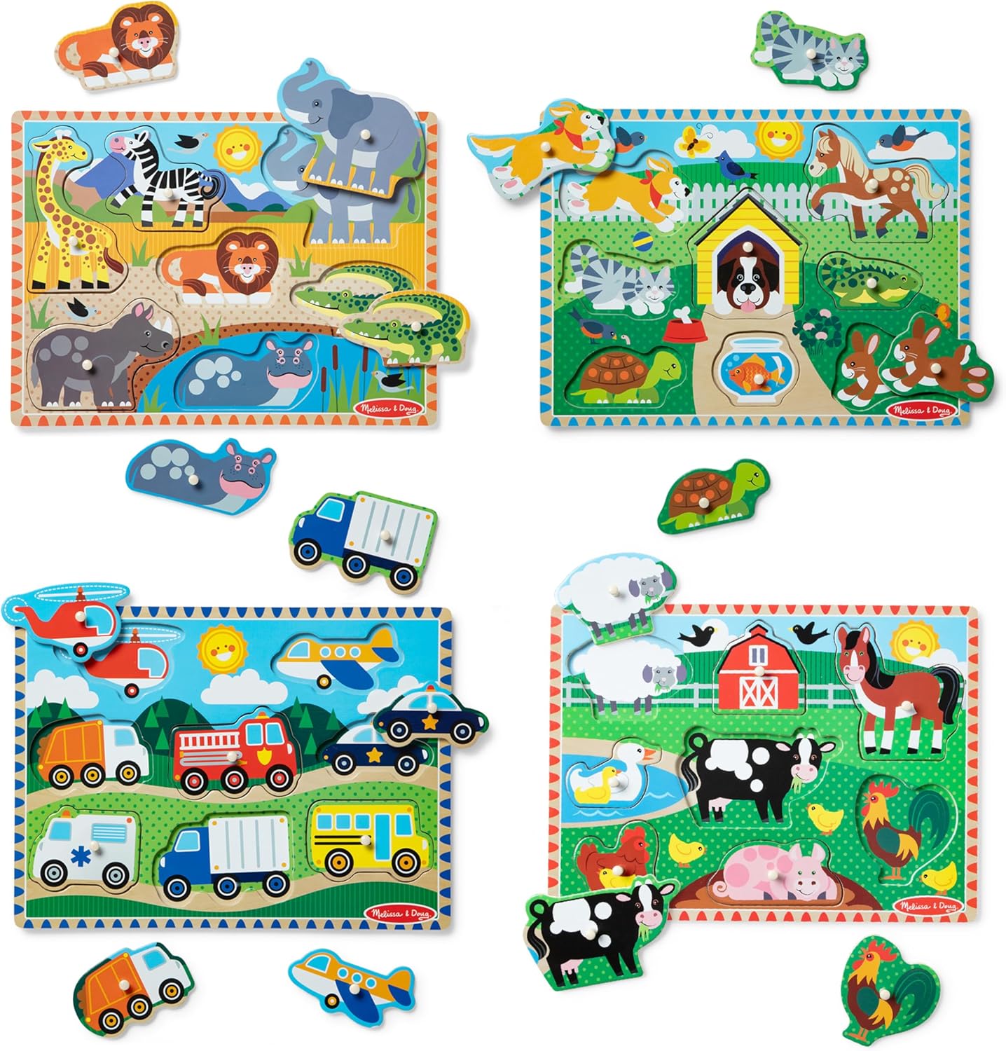 Melissa & Doug Wooden Peg Puzzle Set – 4-Pack Vehicle, Farm, Safari & Pet Animal Themes – Educational Puzzles for Toddlers and Preschoolers Ages 2+