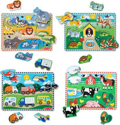 Melissa & Doug Wooden Peg Puzzle Set – 4-Pack Vehicle, Farm, Safari & Pet Animal Themes – Educational Puzzles for Toddlers and Preschoolers Ages 2+