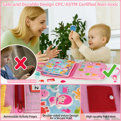 Toddler Busy Board Montessori Toys for 3 Year Old Birthday Gifts for Kids 10 Pages in 1 Soft Felt Activity Book Develop Fine Skills Educational Learning Sensory Travel Toys for Airplane Car
