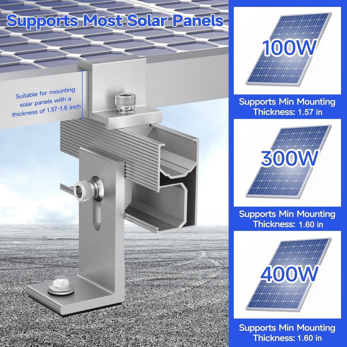 Solar Panel Mounting Brackets Kit 10Pcs Solar Roof Mount Kit for 1-4 Pieces Thickness 1.57-1.6” Solar Panels(100-400W), Aluminum Alloy Mount for Flat Pitched Roof Rack Mounting Brackets
