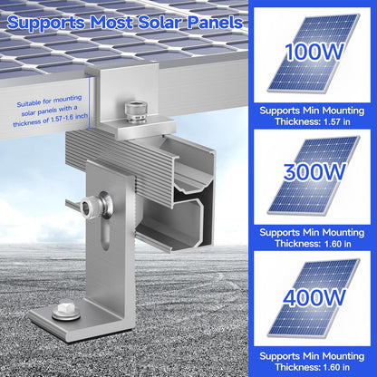 Solar Panel Mounting Brackets Kit 10Pcs Solar Roof Mount Kit for 1-4 Pieces Thickness 1.57-1.6” Solar Panels(100-400W), Aluminum Alloy Mount for Flat Pitched Roof Rack Mounting Brackets