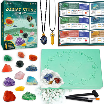 PIBEX Birthstone Dig Kit, Excavate 12 Real Gems & Crystals, DIY Gemstone Necklace & Bonus Pendant, STEM Educational Gemology Toy, Rock Geology Gifts for Boys & Girls 6-12