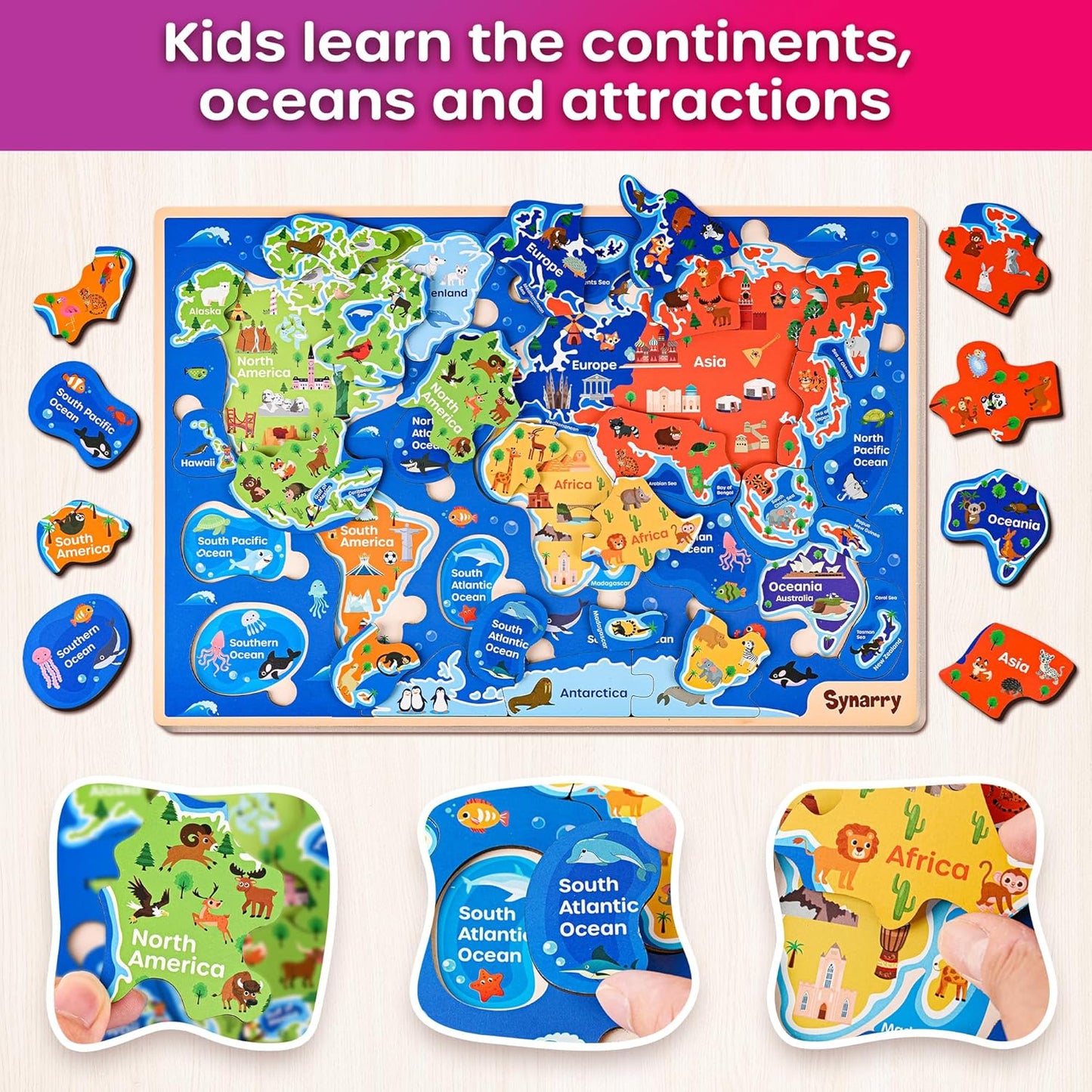 SYNARRY Large USA World Wooden Puzzles for Kids Ages 4-6, Learning United States World Maps Puzles for Kids Ages 6-8, Wood Jigsaw Puzzles Educational Games Toys Gifts for Boys Girls Ages 3-8