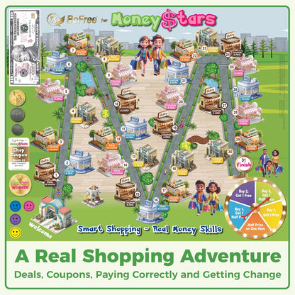 BeFree for MoneyStars – Kids Board Game Age 7+ | Fun Play Money Shopping Game with Bills & Coins and Store Deals | Make Smart Choices, Pay, Get Change & Win by Saving | Educational Strategy Game