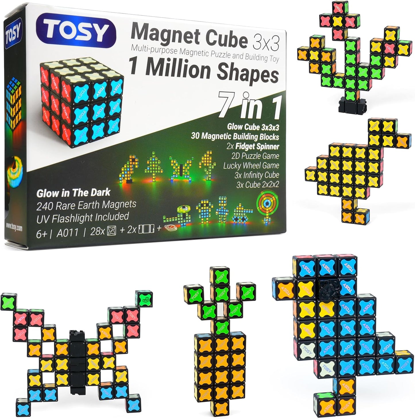 TOSY Magnet Cube 2x2 - 8 Blocks, 2in1 Toy: 2x2x2 Puzzle Cube and Customizable Infinity Cube, Easter Basket Stuffers Gifts for Kids/Grandkids, Glowing w/ UV Flashlight, STEM Toy, 2-Pack