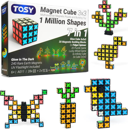 TOSY Magnet Cube 2x2 - 8 Blocks, 2in1 Toy: 2x2x2 Puzzle Cube and Customizable Infinity Cube, Easter Basket Stuffers Gifts for Kids/Grandkids, Glowing w/ UV Flashlight, STEM Toy, 2-Pack