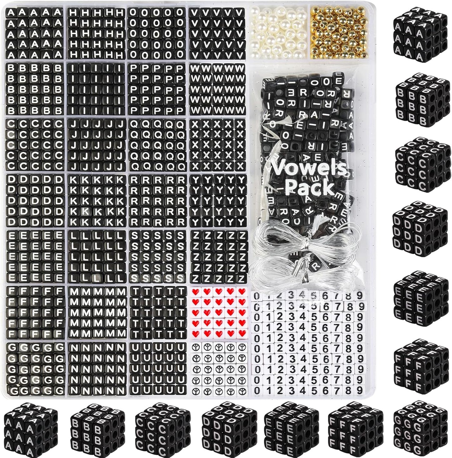 DoDoBeads 1270 Pcs Letter Beads Kit, White and Colorful Square Acrylic Alphabet Beads with Extra Vowels, Numbers & Spacers, Perfect for Friendship Bracelets