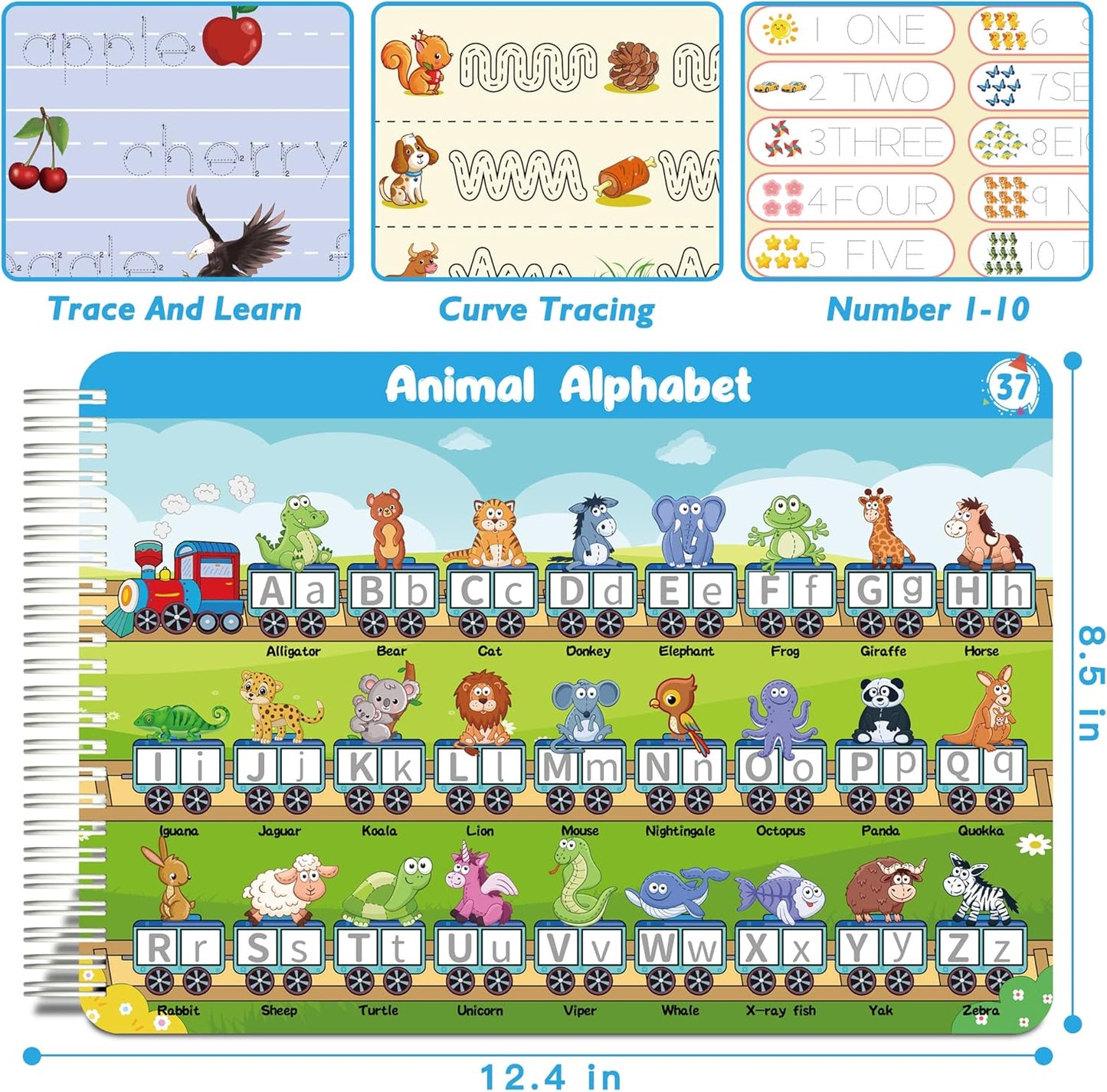 Handwriting Practice Tracing Books for Kids Ages 3-5, Montessori Preschool Learning Activity, Autism Educational Learn Number Letters Shapes Animal & Sight Words Workbook with 8 Dry Erase Markers