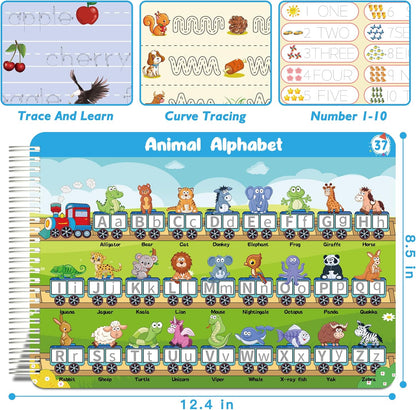 Handwriting Practice Tracing Books for Kids Ages 3-5, Montessori Preschool Learning Activity, Autism Educational Learn Number Letters Shapes Animal & Sight Words Workbook with 8 Dry Erase Markers