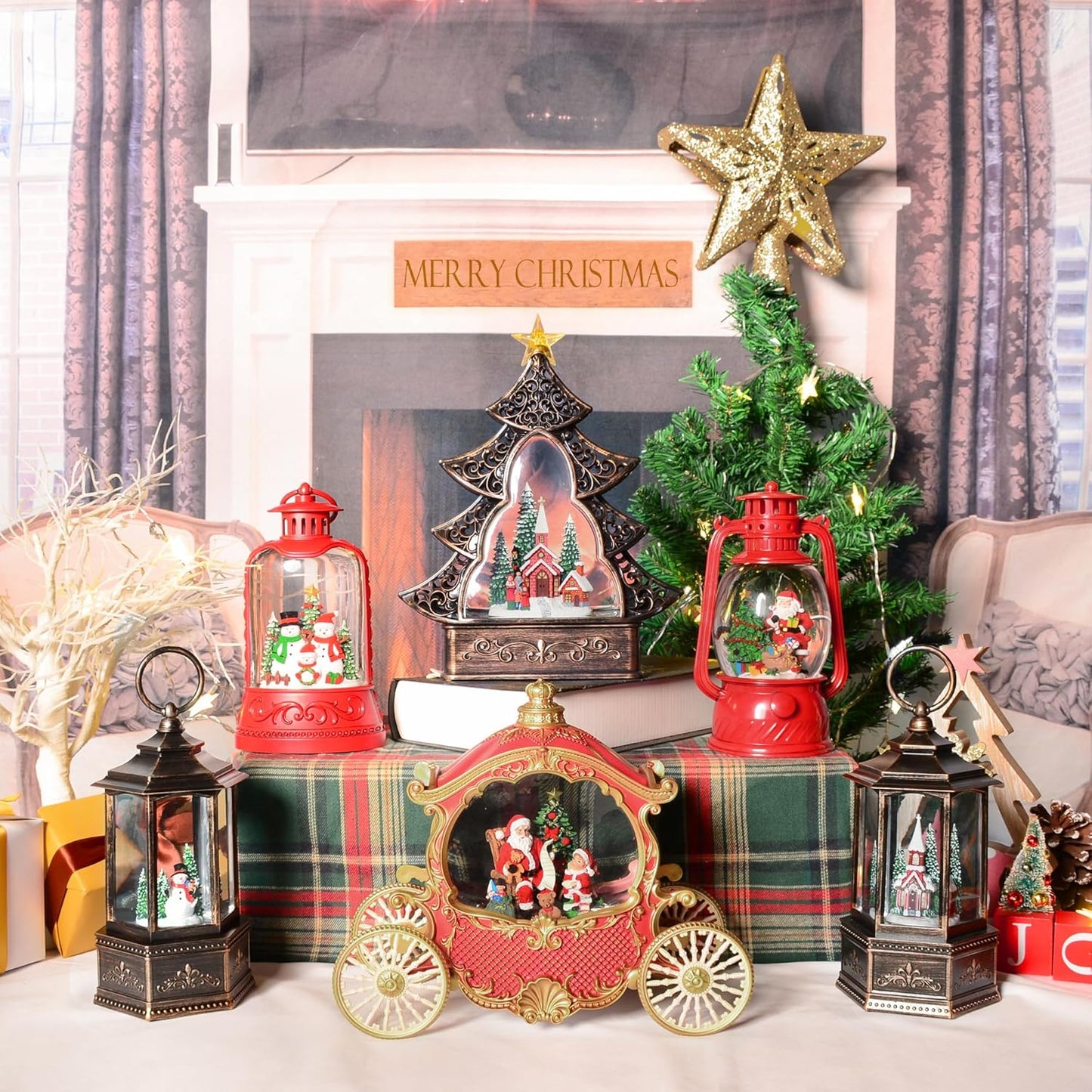 Large Christmas Snow Globes, 13.8" Cardinal Musical Snow Globe 8 Songs 6H Timer Music Box Dual Power Snowglobes for Kids Adults Red Truck Christmas Lantern Lighted Christmas Decor Indoor Gifts