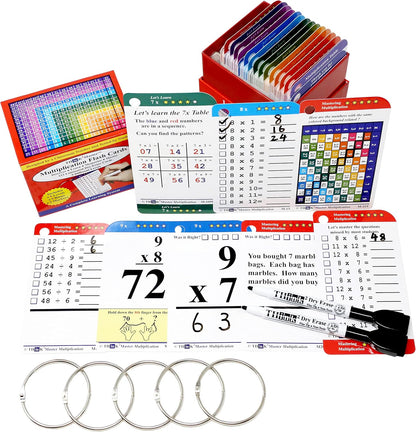 Think2Master Multiplication Flash Cards. 215 Laminated Premium Flashcards (All 0-12 X Facts)| Learn More| Bonus: 2 Dry Erase Markers & 5 Rings. | Designed by A Teacher to Improve Test Scores