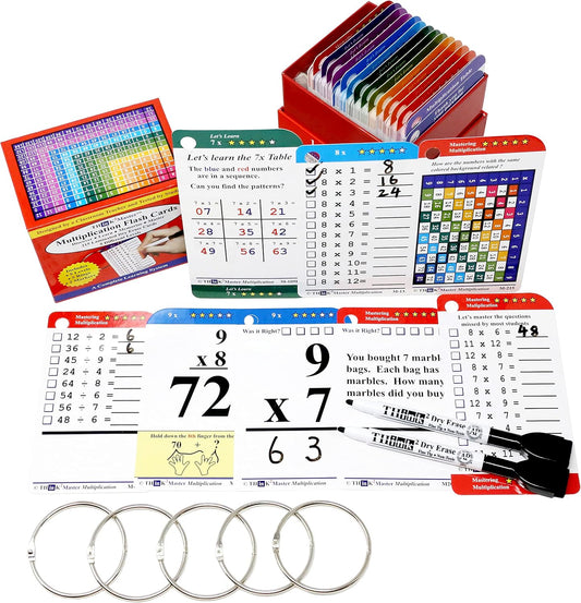Think2Master Multiplication Flash Cards. 215 Laminated Premium Flashcards (All 0-12 X Facts)| Learn More| Bonus: 2 Dry Erase Markers & 5 Rings. | Designed by A Teacher to Improve Test Scores