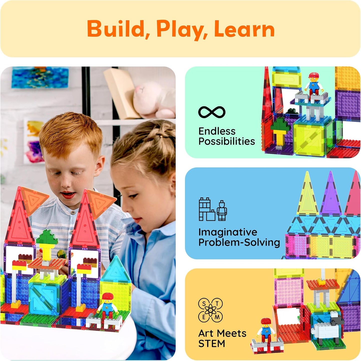 PicassoTiles 333pcs Magnetic Brick Tile and Magnetic Tile Combo Set, Action Figures included, Building Blocks STEM Toys, Educational Montessori Preschool Toddler classroom learning toys, Kids activity