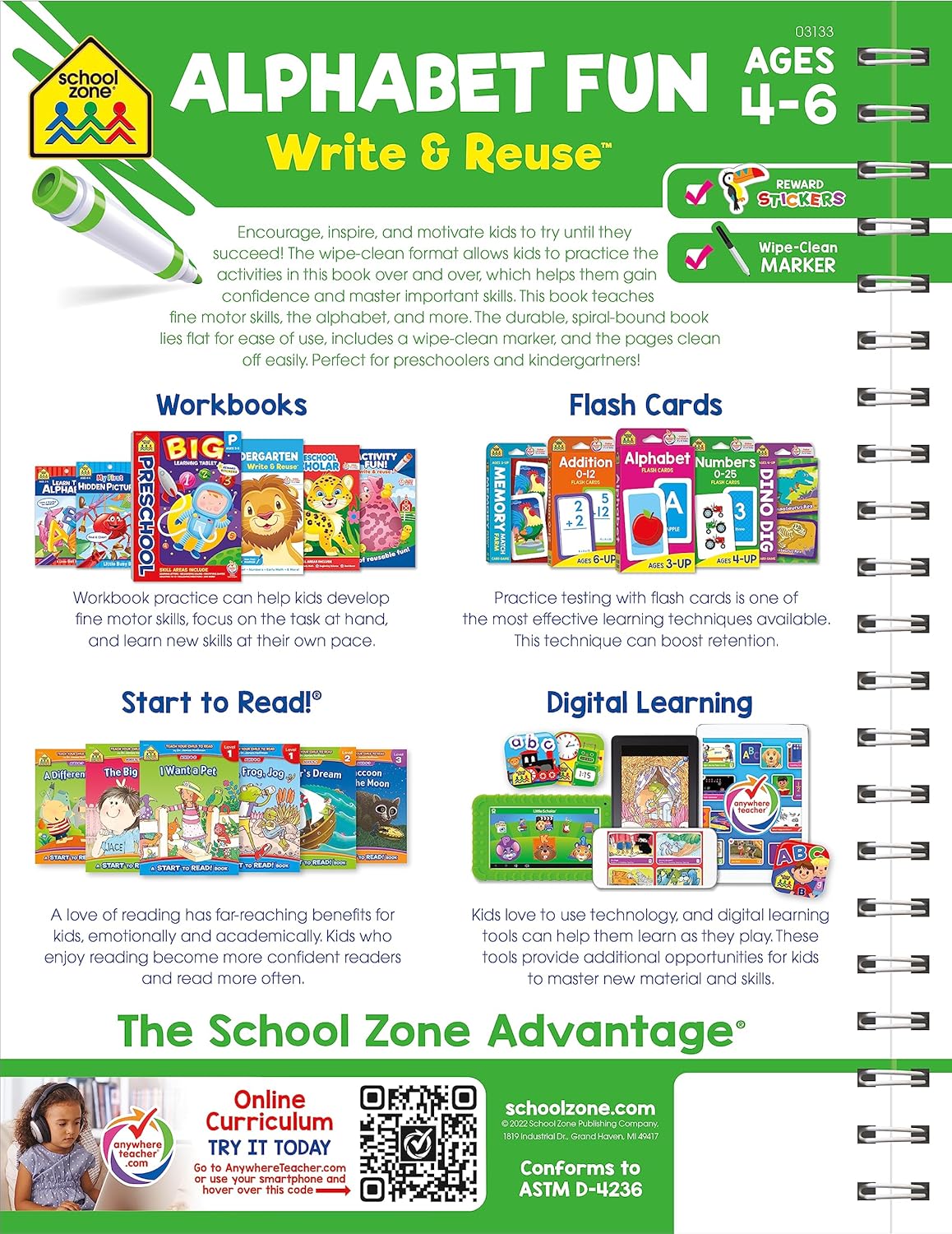 School Zone Alphabet Fun Write & Reuse™ Workbook: 52 Wipe-Clean Pages, Spiral-Bound, Pre-K, Preschool, Kindergarten, Letters & ABC Tracing, Early Learning, Ages 4–6, Includes Dry-Erase Marker