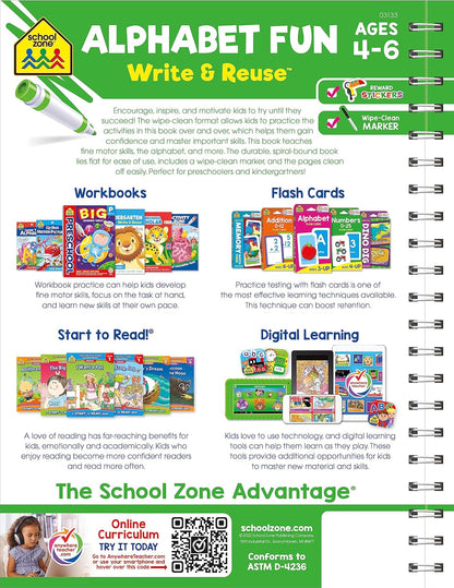 School Zone Alphabet Fun Write & Reuse™ Workbook: 52 Wipe-Clean Pages, Spiral-Bound, Pre-K, Preschool, Kindergarten, Letters & ABC Tracing, Early Learning, Ages 4–6, Includes Dry-Erase Marker